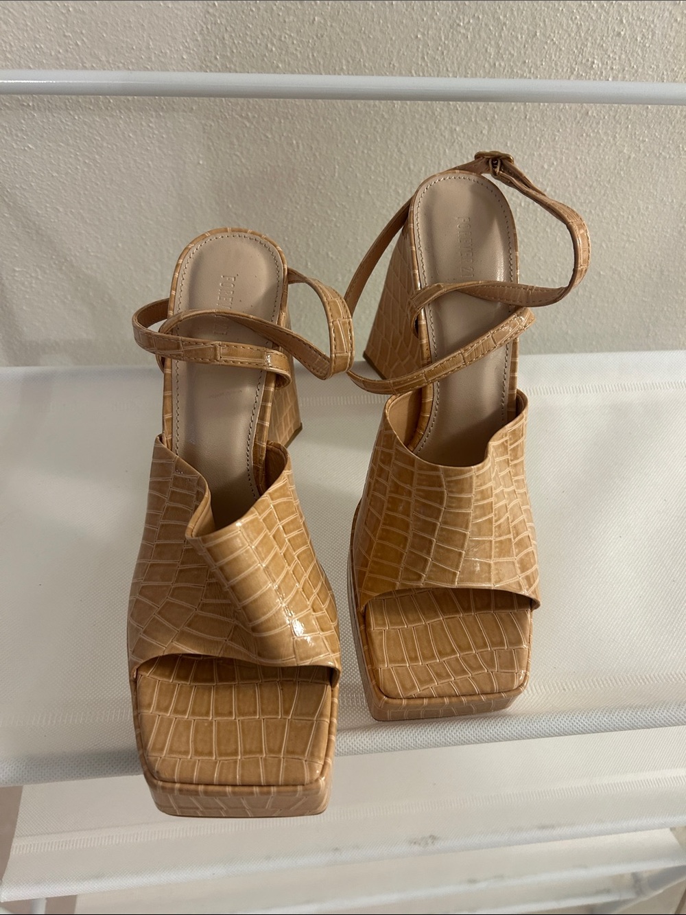 Forever 21 Tan Croc-Embossed Platform Sandals with Ankle Strap